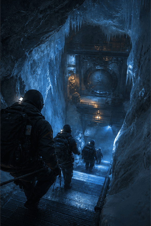 A heist crew descending toward a frozen underground vault
