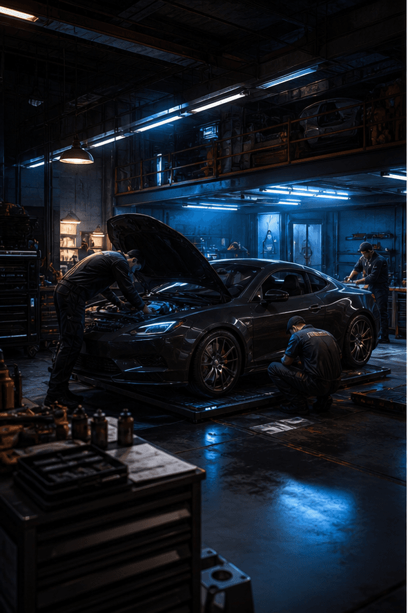 Mechanics working on an unbranded performance car