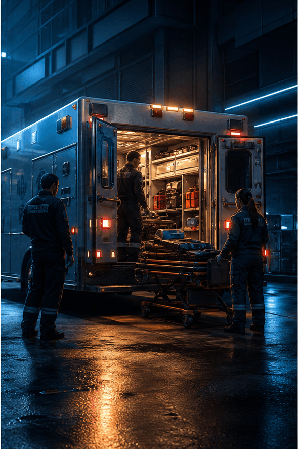 Emergency workers preparing an unbranded ambulance