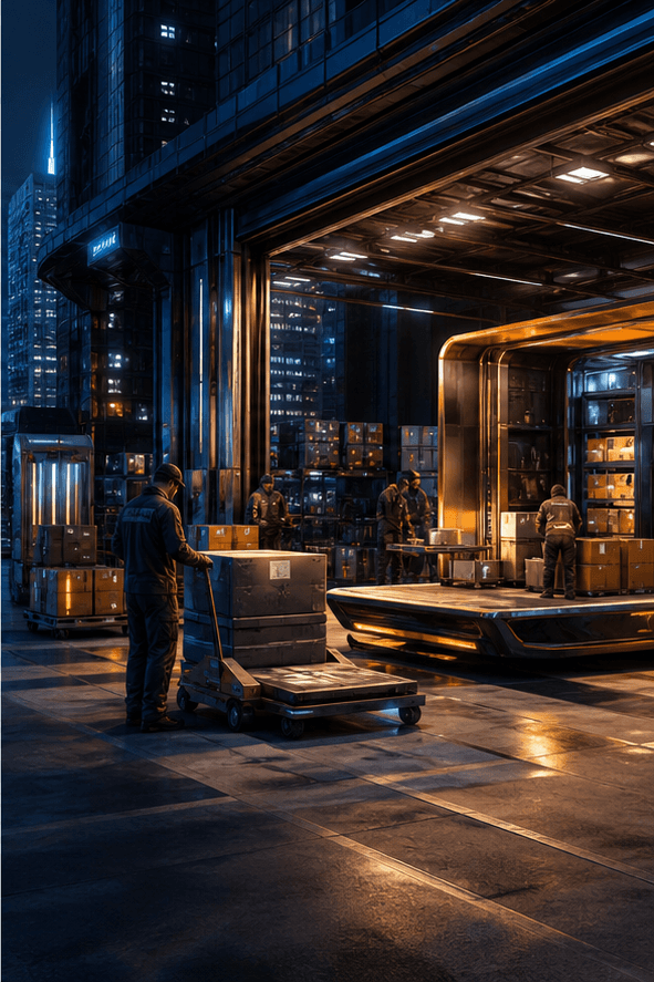 Workers loading parcels at a fictional city depot