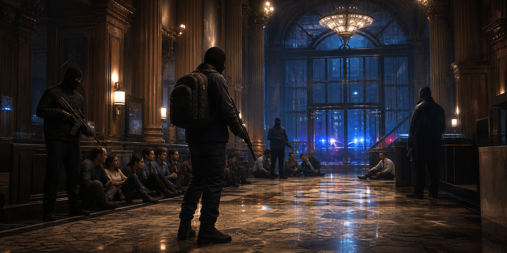 Masked robbers and unharmed adult hostages inside a fictional bank