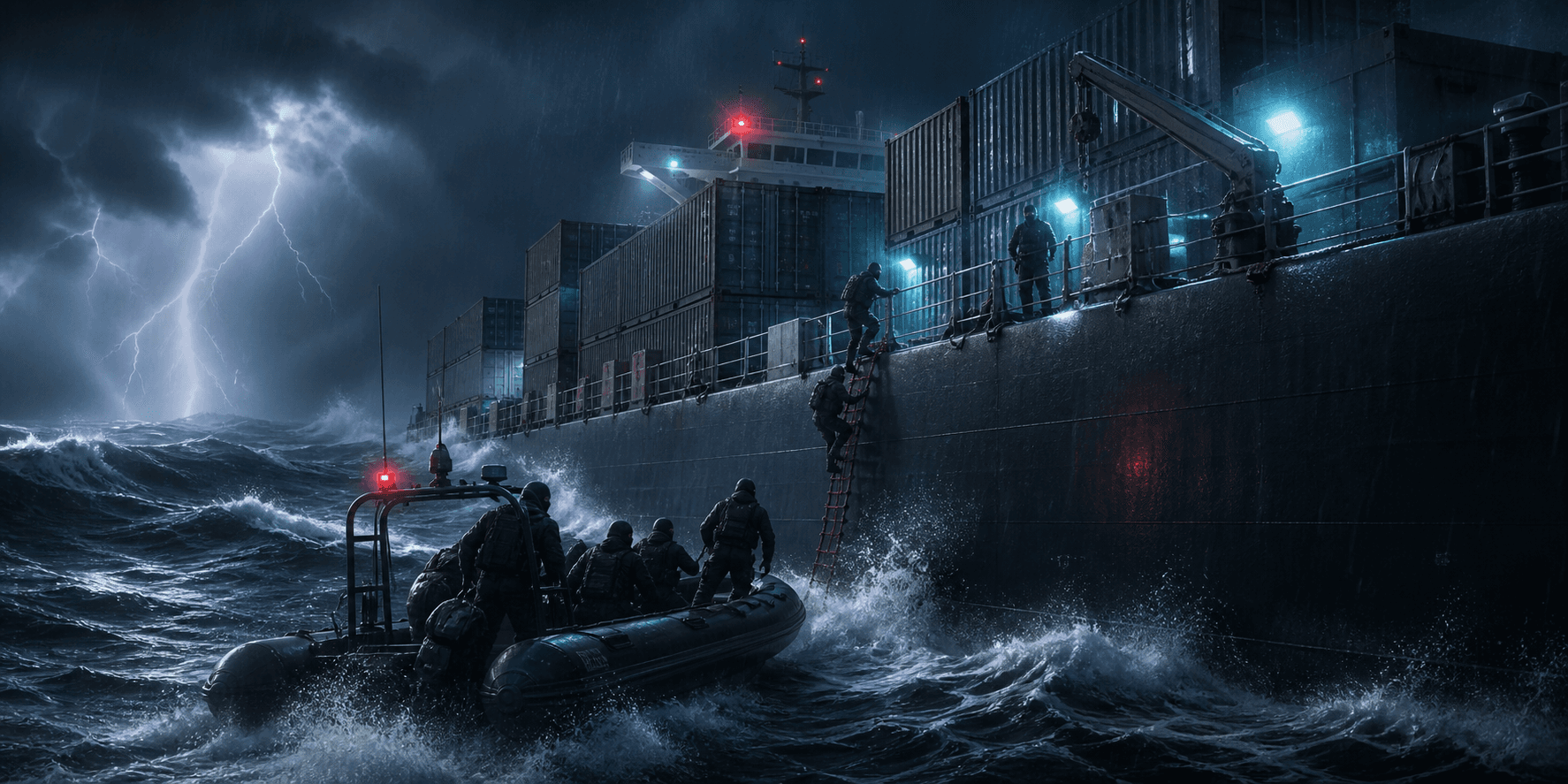 A heist crew boarding a cargo vessel during a nighttime storm