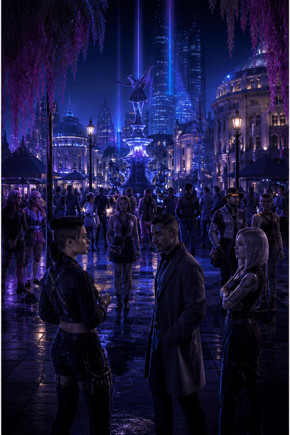 Fictional roleplay characters meeting in a neon city plaza