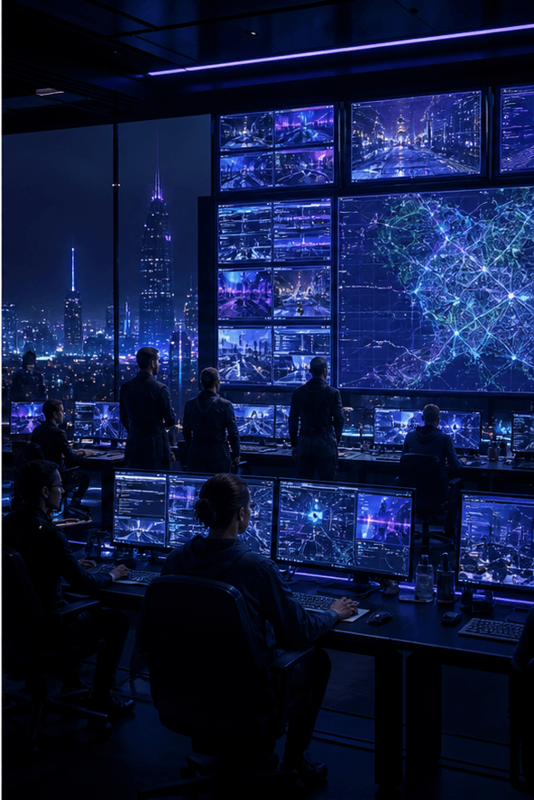 A fictional city operations and server control room
