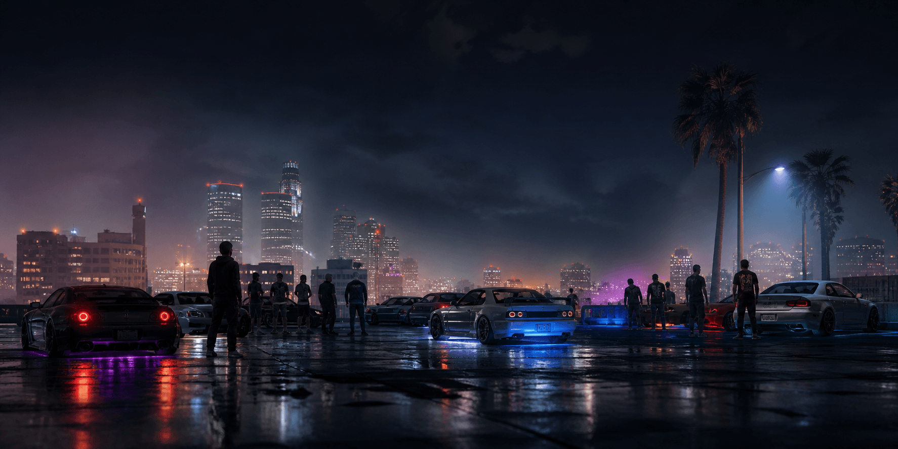 A welcoming nighttime community car meet