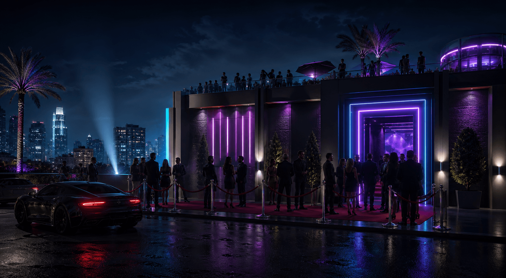 A premium fictional city nightclub at night