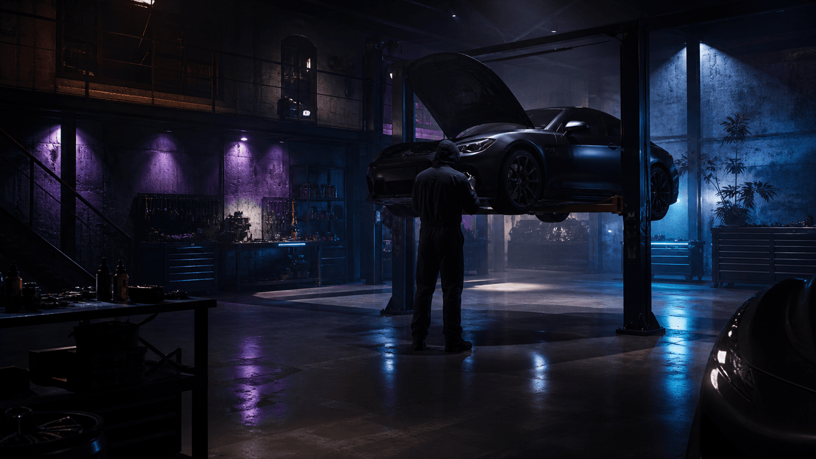 A custom vehicle inside a modern mechanic workshop