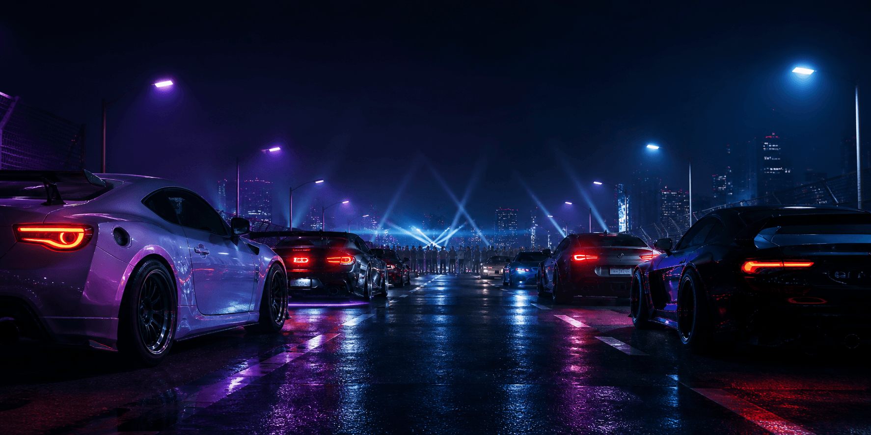 Unbranded performance cars at a closed night circuit